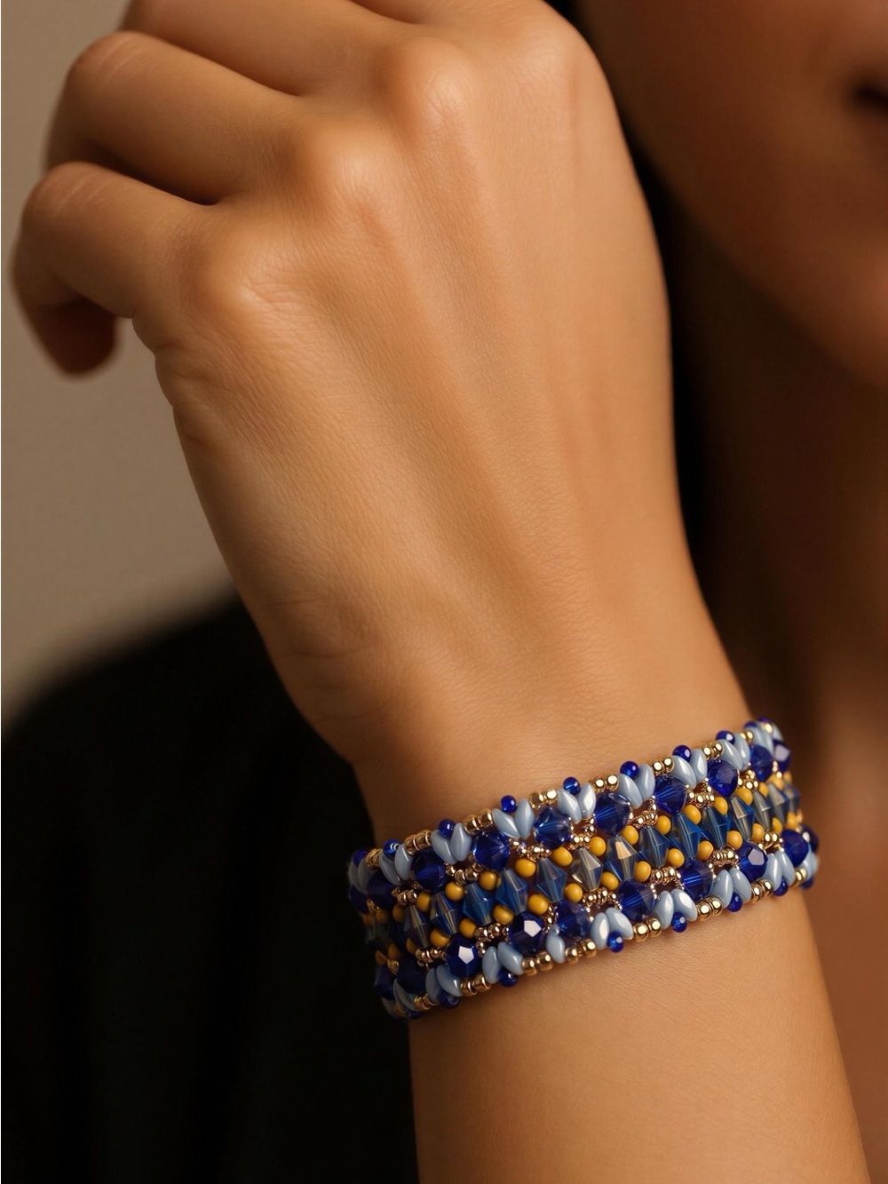 Blue and Gold Beaded Women's Bracelet — Elegant Layered Design